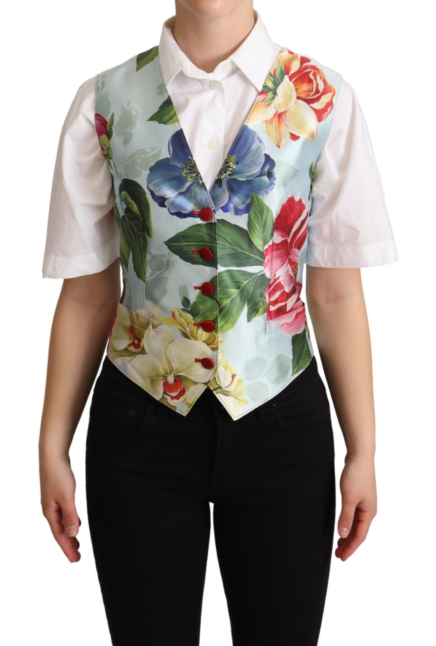 - Elegant Floral Print Silk Waistcoat