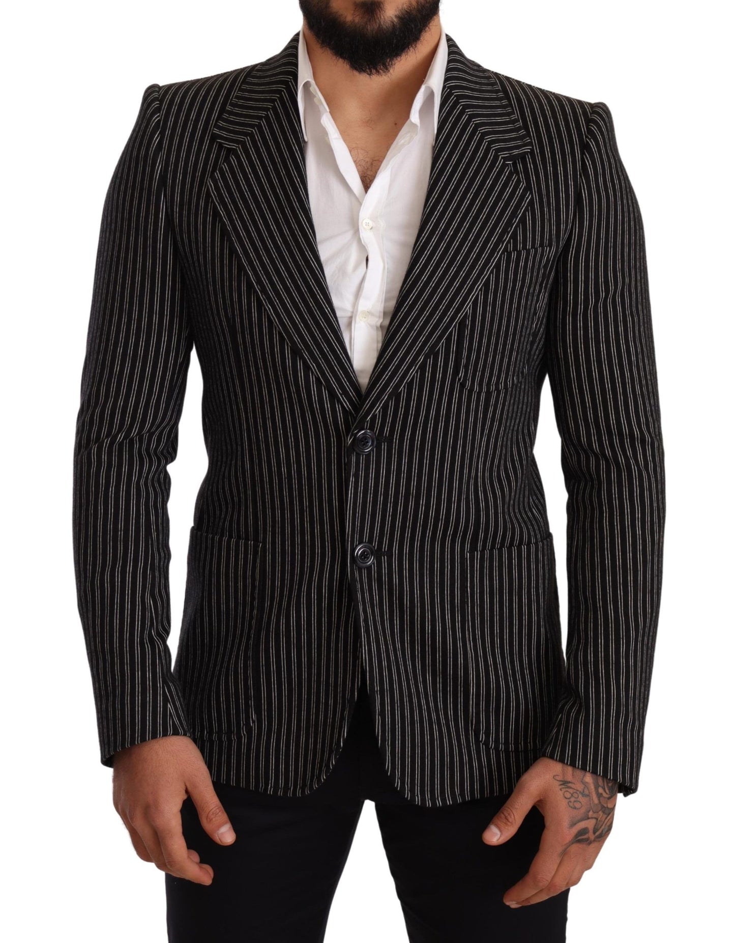 - Elegant Black Striped Virgin Wool Blazer
