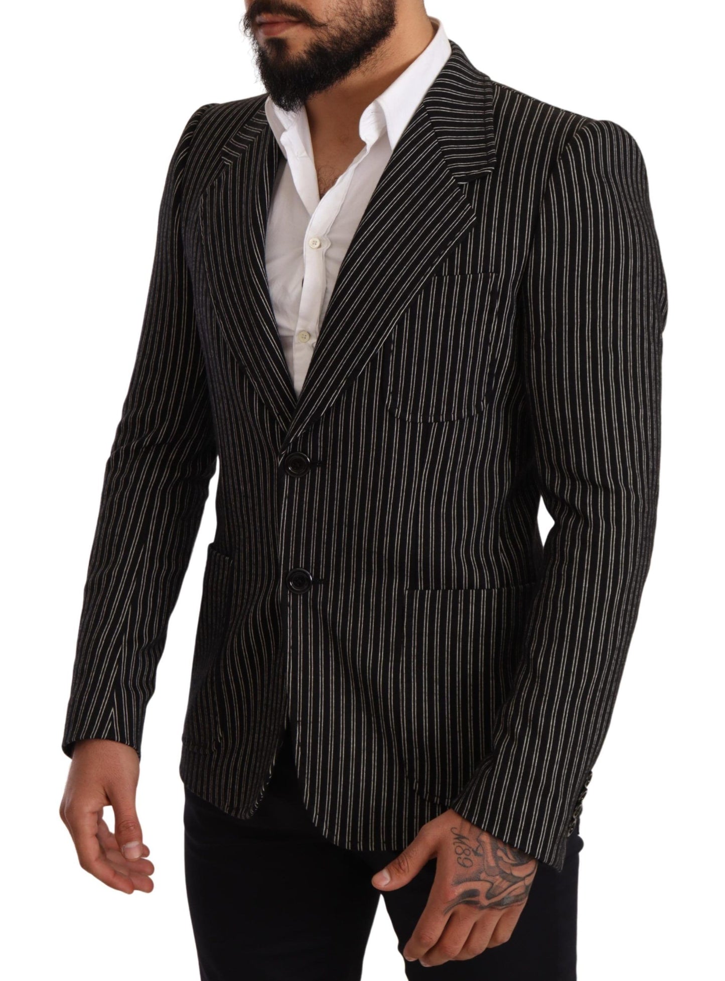 - Elegant Black Striped Virgin Wool Blazer