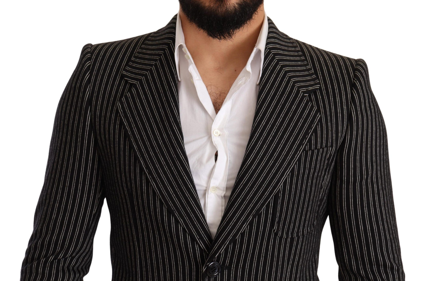 - Elegant Black Striped Virgin Wool Blazer