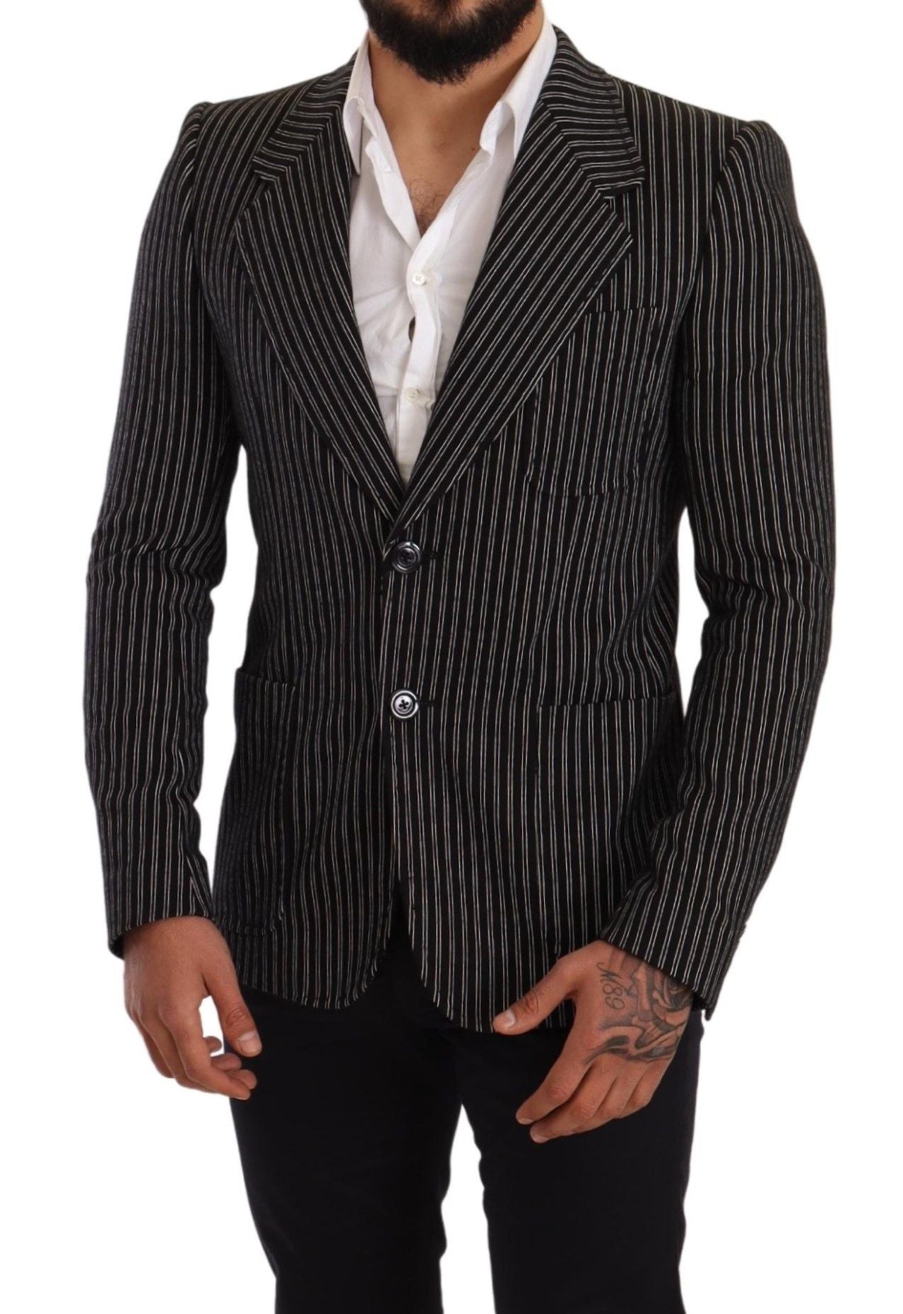 - Elegant Black Striped Virgin Wool Blazer