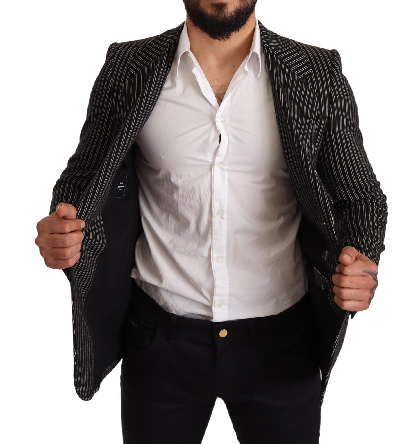 - Elegant Black Striped Virgin Wool Blazer