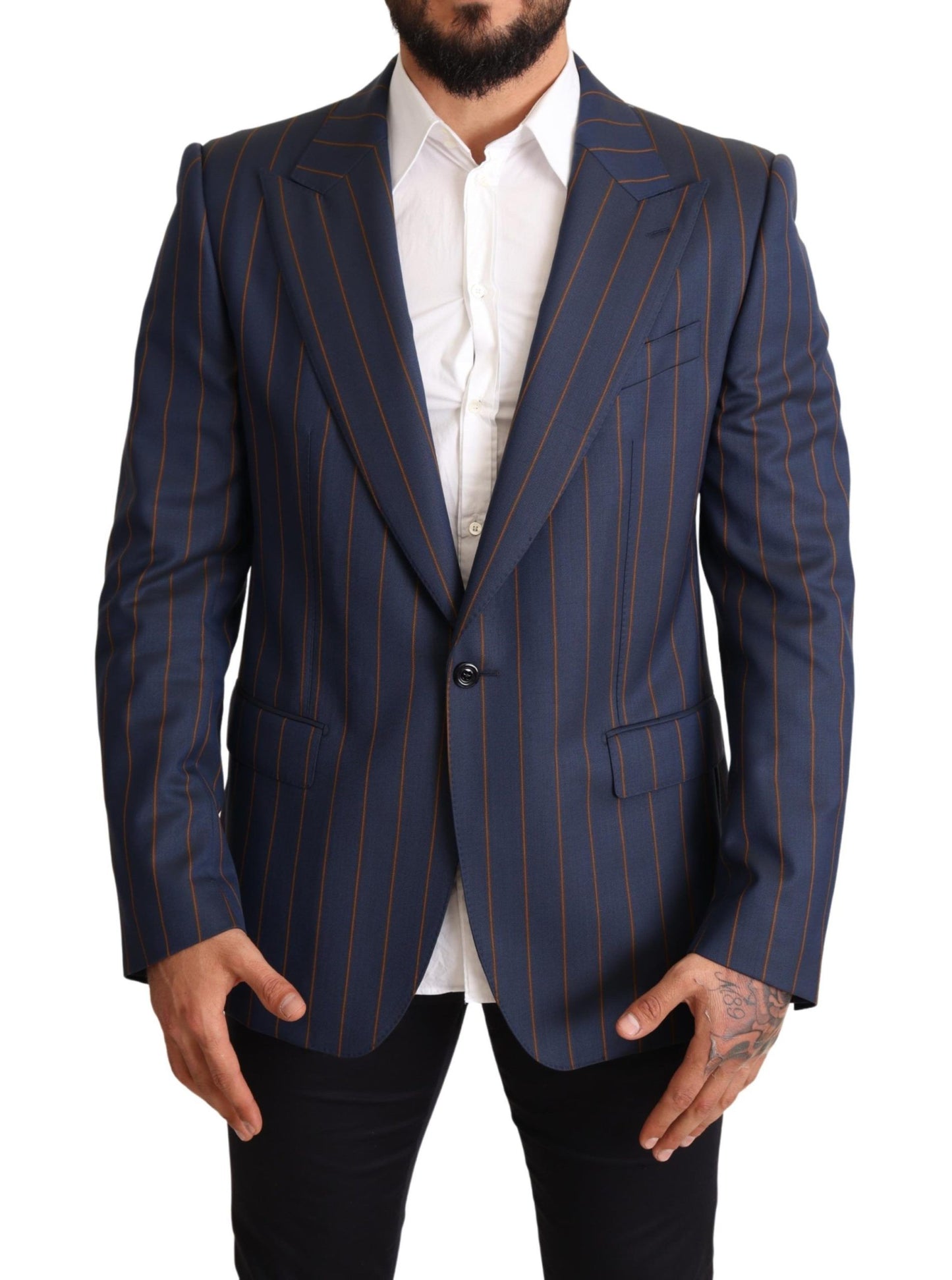 - Elegant Slim Fit Blue Striped Wool Blazer