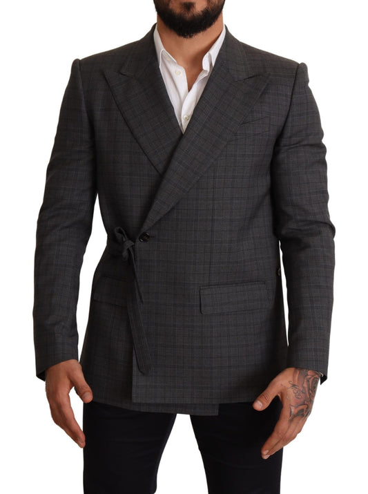 - Chic Gray Check Martini Slim Fit Double-Breasted Blazer
