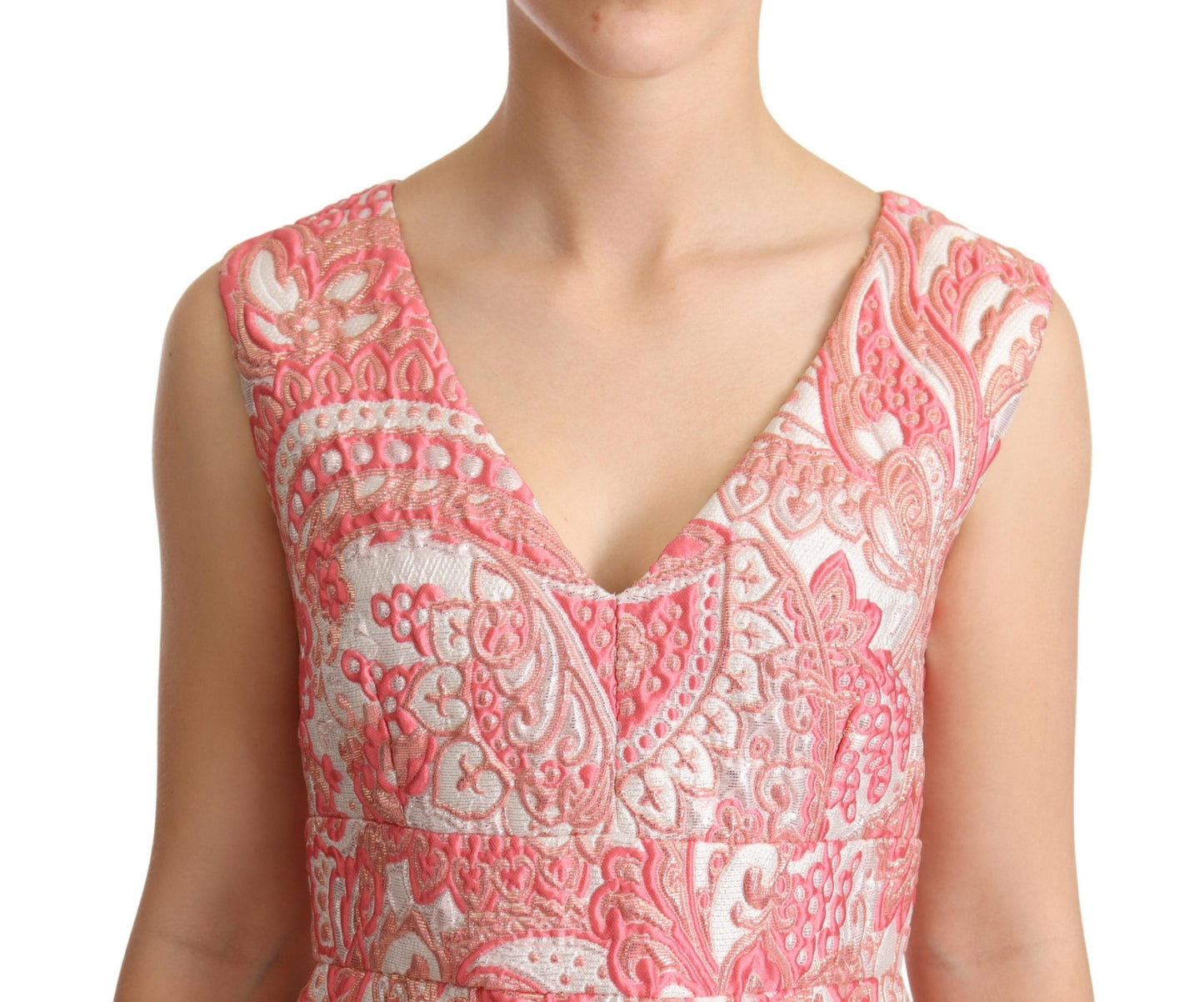 - Pink Floral Jacquard Pleated Sheath Dress