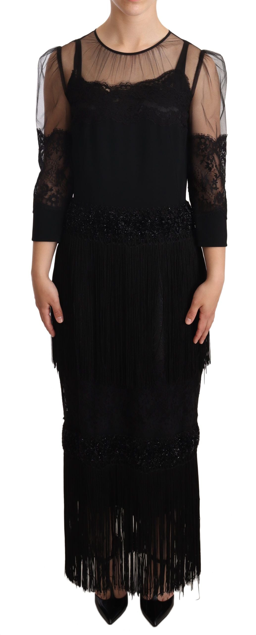 - Elegant Lace Midi Dress in Black
