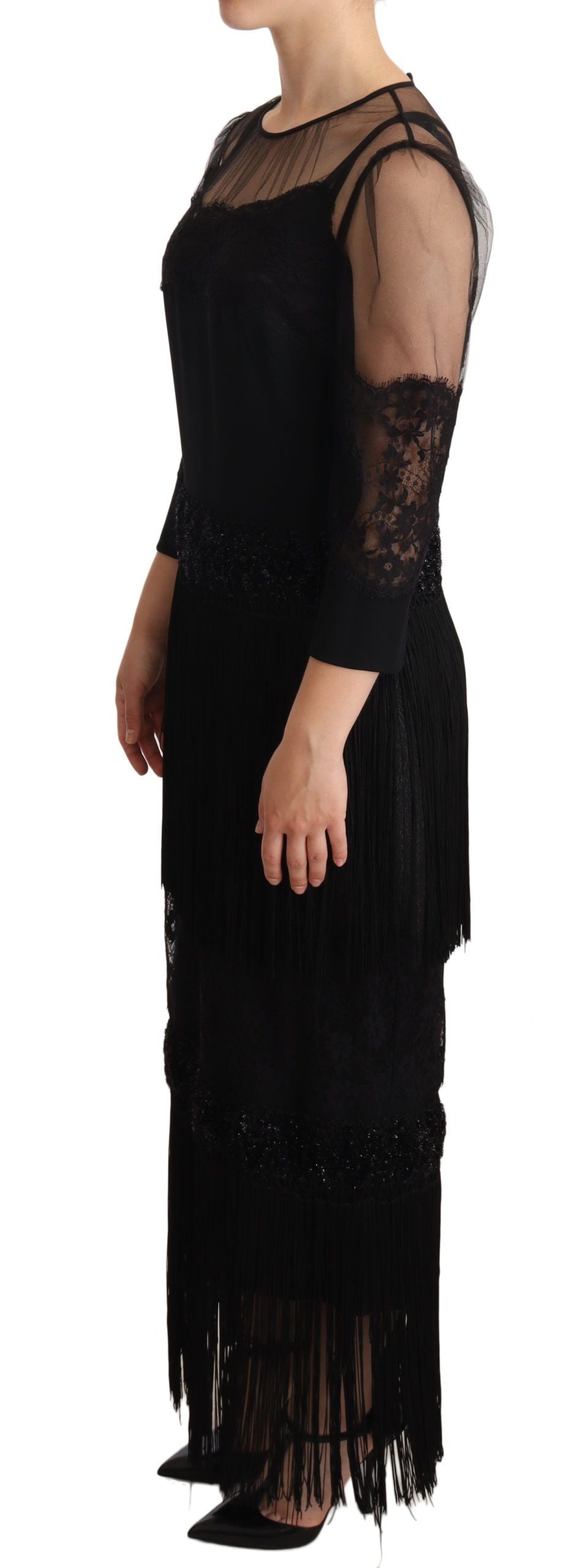 - Elegant Lace Midi Dress in Black