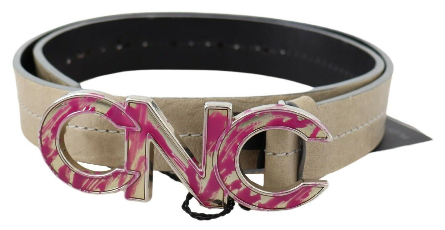 - Beige Leather Fashion Belt with Logo Detail