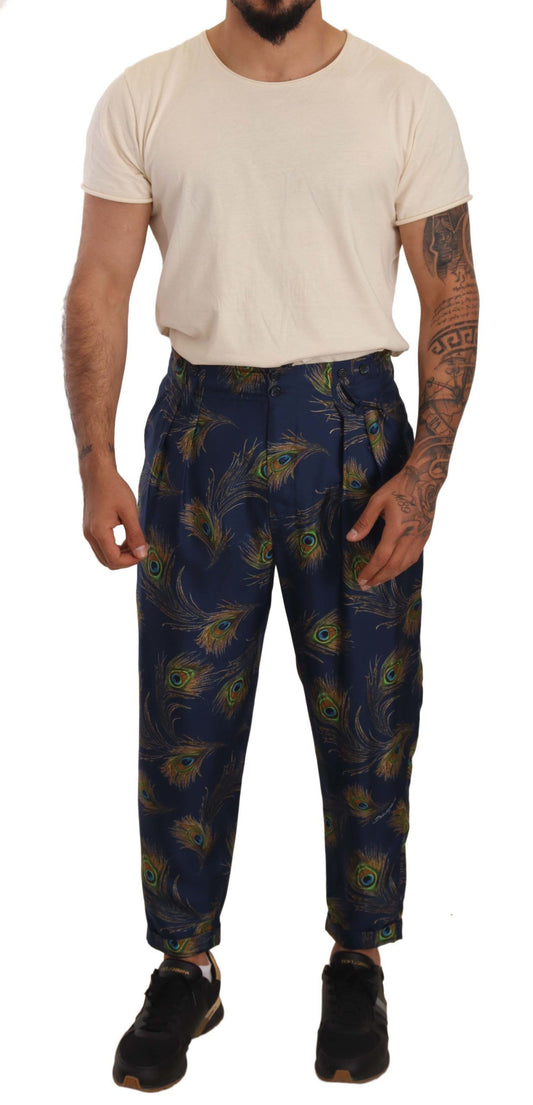- Exquisite Peacock Print Silk Trousers