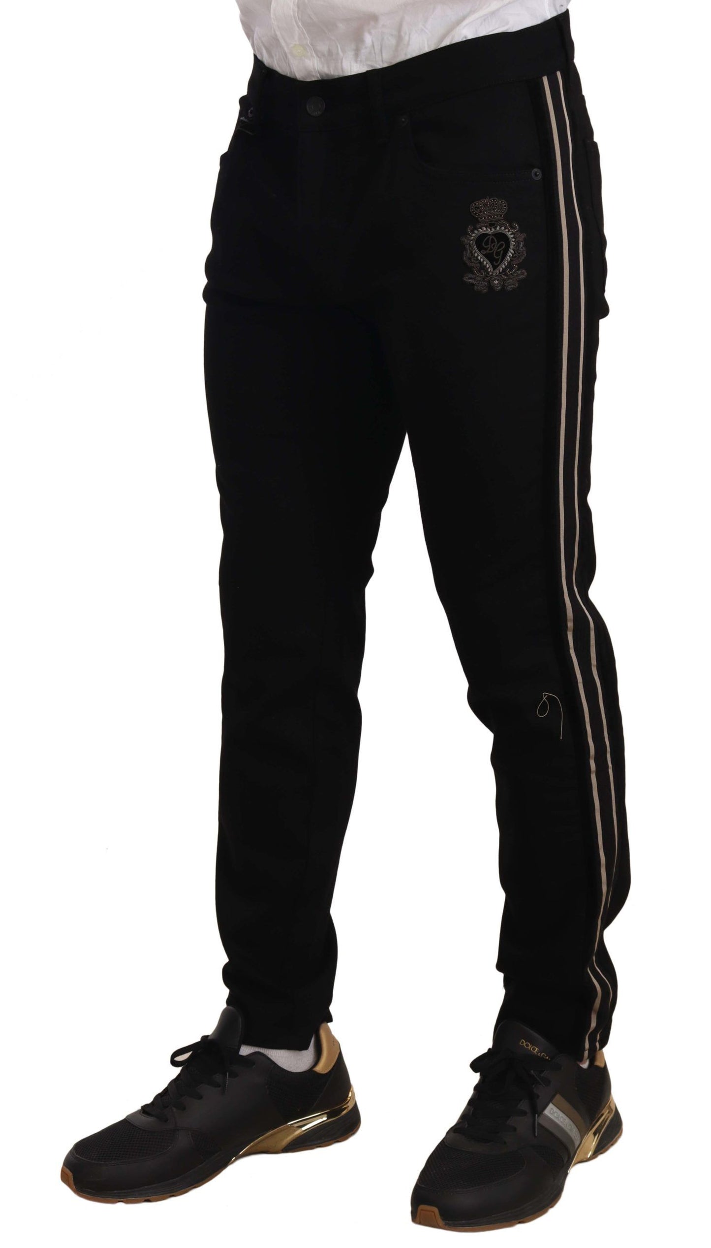 - Heraldic Embroidered Slim Fit Black Jeans