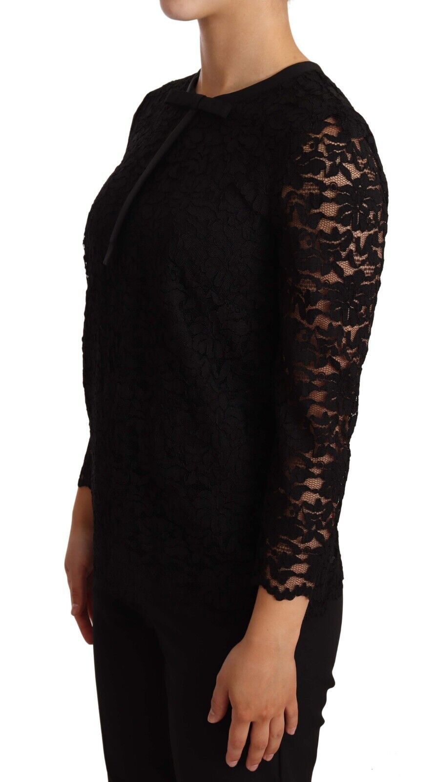 - Elegant Black Floral Lace Long Sleeve Top