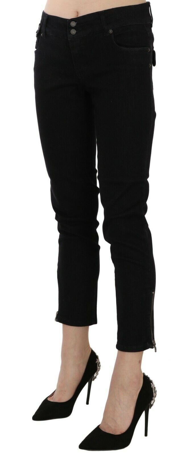 - Chic Black Mid Waist Slim Cropped Jeans
