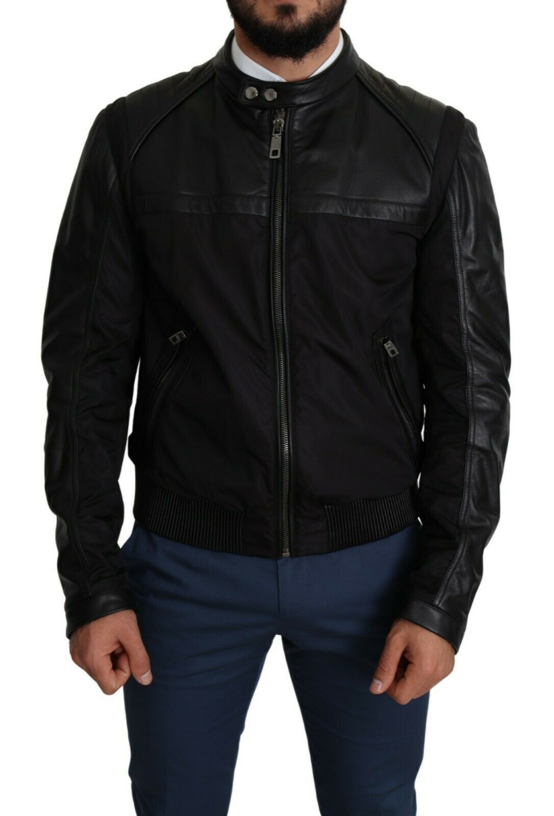 - Elegant Black Bomber with Leather Accents
