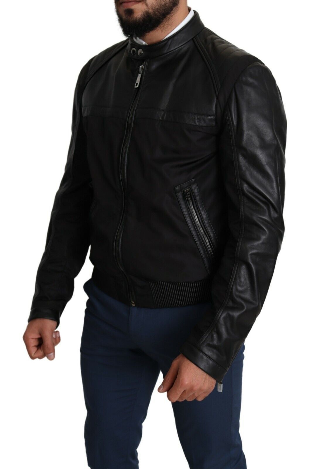- Elegant Black Bomber with Leather Accents