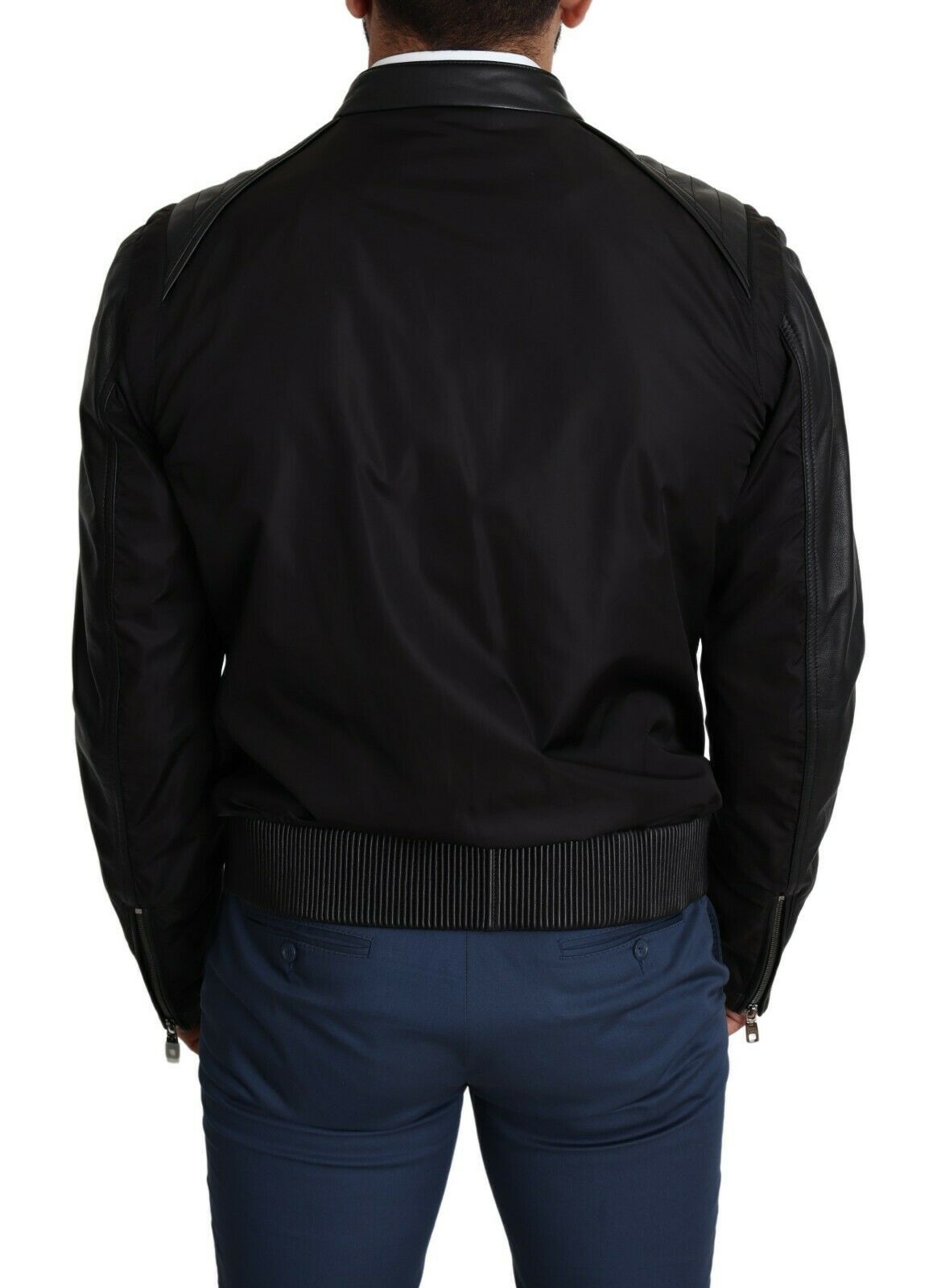 - Elegant Black Bomber with Leather Accents