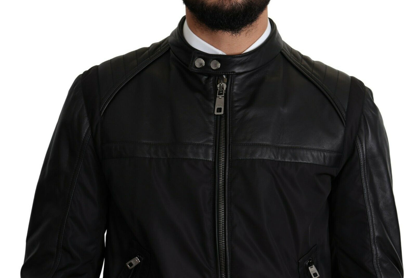 - Elegant Black Bomber with Leather Accents