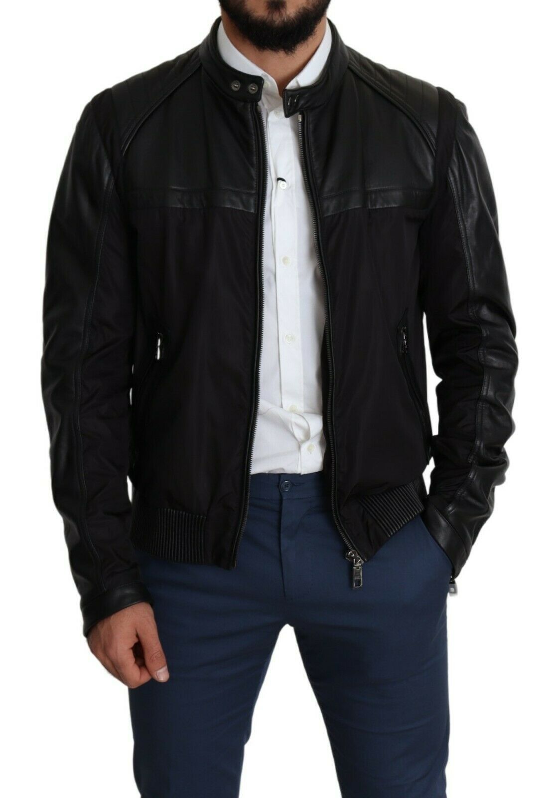 - Elegant Black Bomber with Leather Accents