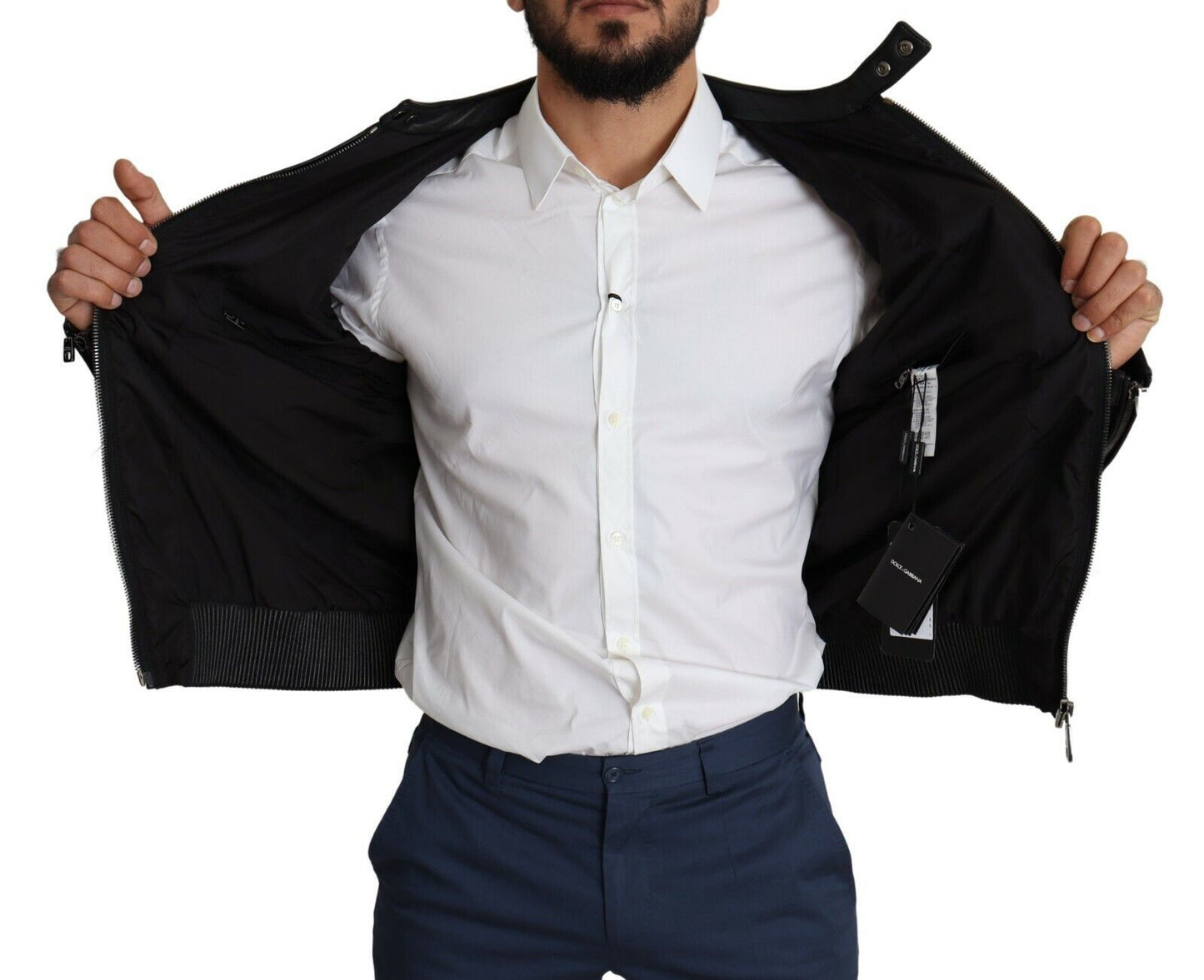 - Elegant Black Bomber with Leather Accents