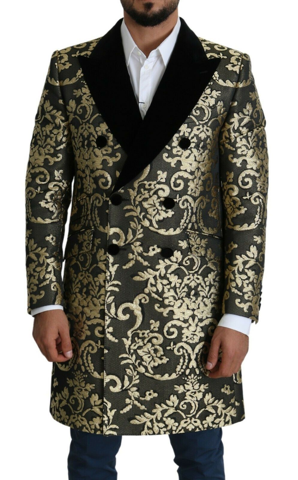 - Gold Black Sicilia Jacquard Double-Breasted Coat