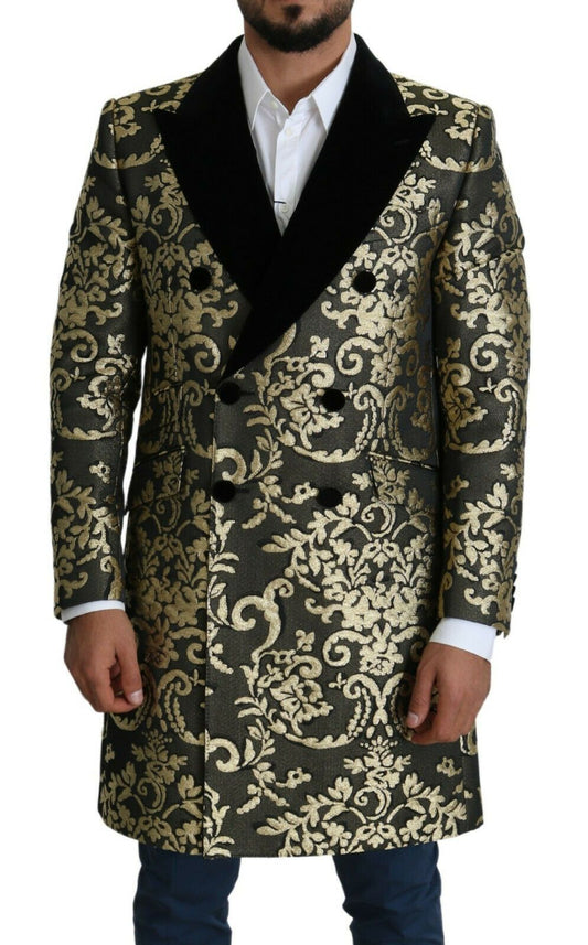 - Gold Black Sicilia Jacquard Double-Breasted Coat