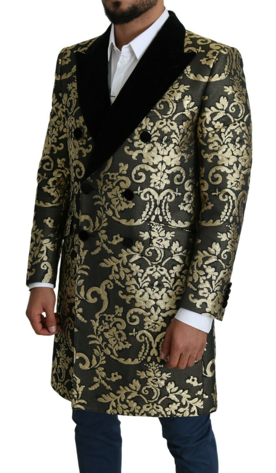 - Gold Black Sicilia Jacquard Double-Breasted Coat