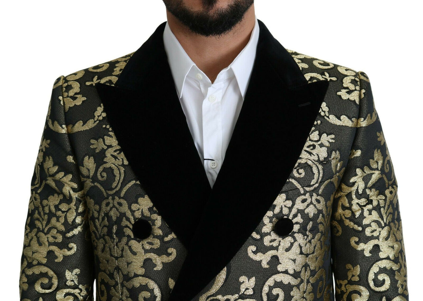 - Gold Black Sicilia Jacquard Double-Breasted Coat