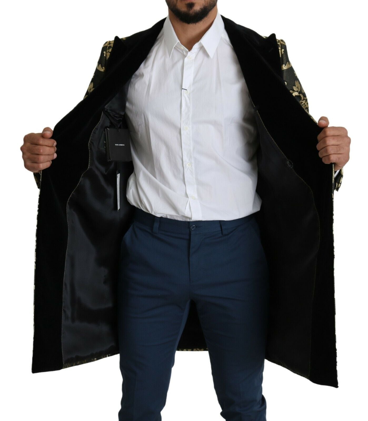 - Gold Black Sicilia Jacquard Double-Breasted Coat