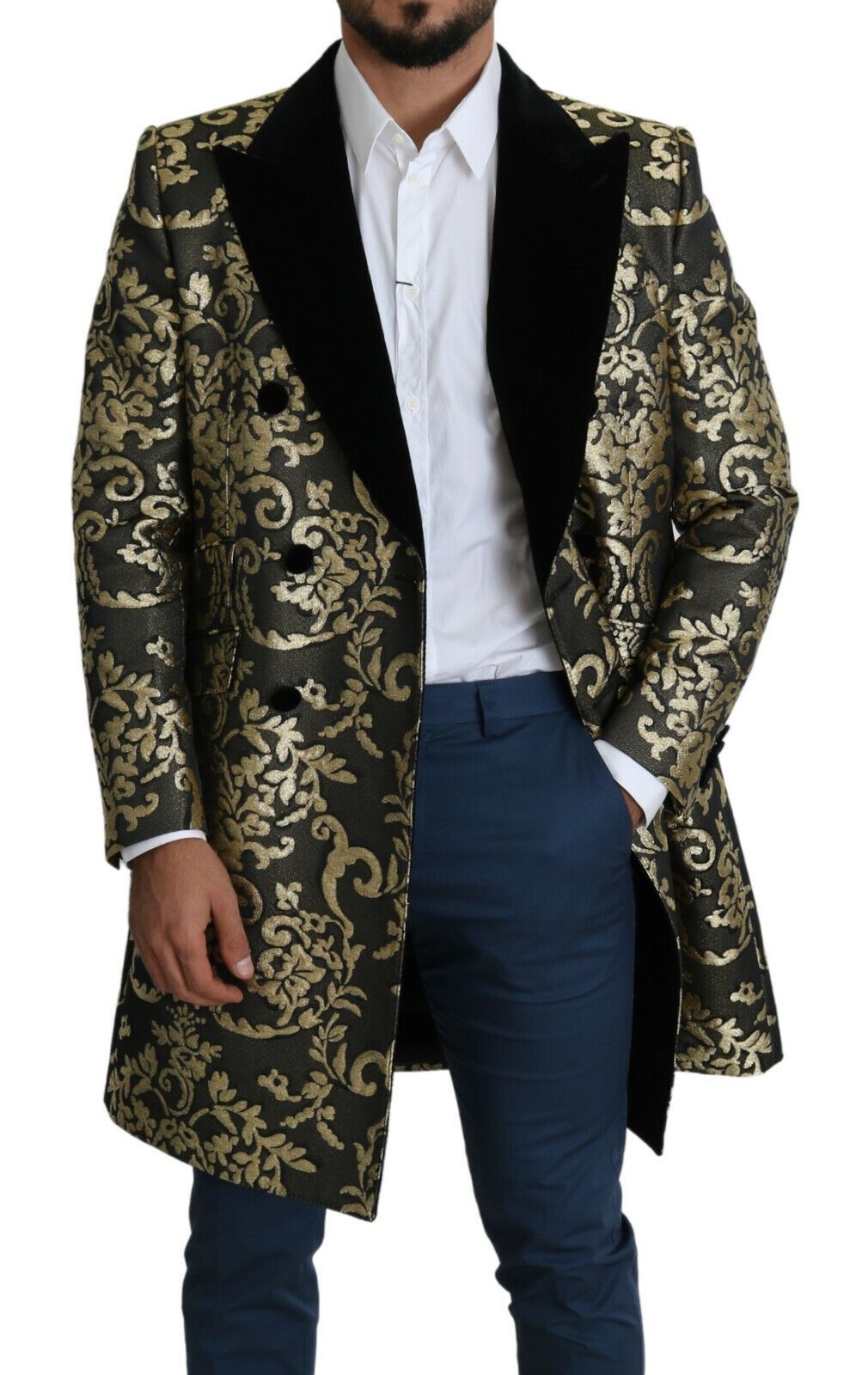 - Gold Black Sicilia Jacquard Double-Breasted Coat