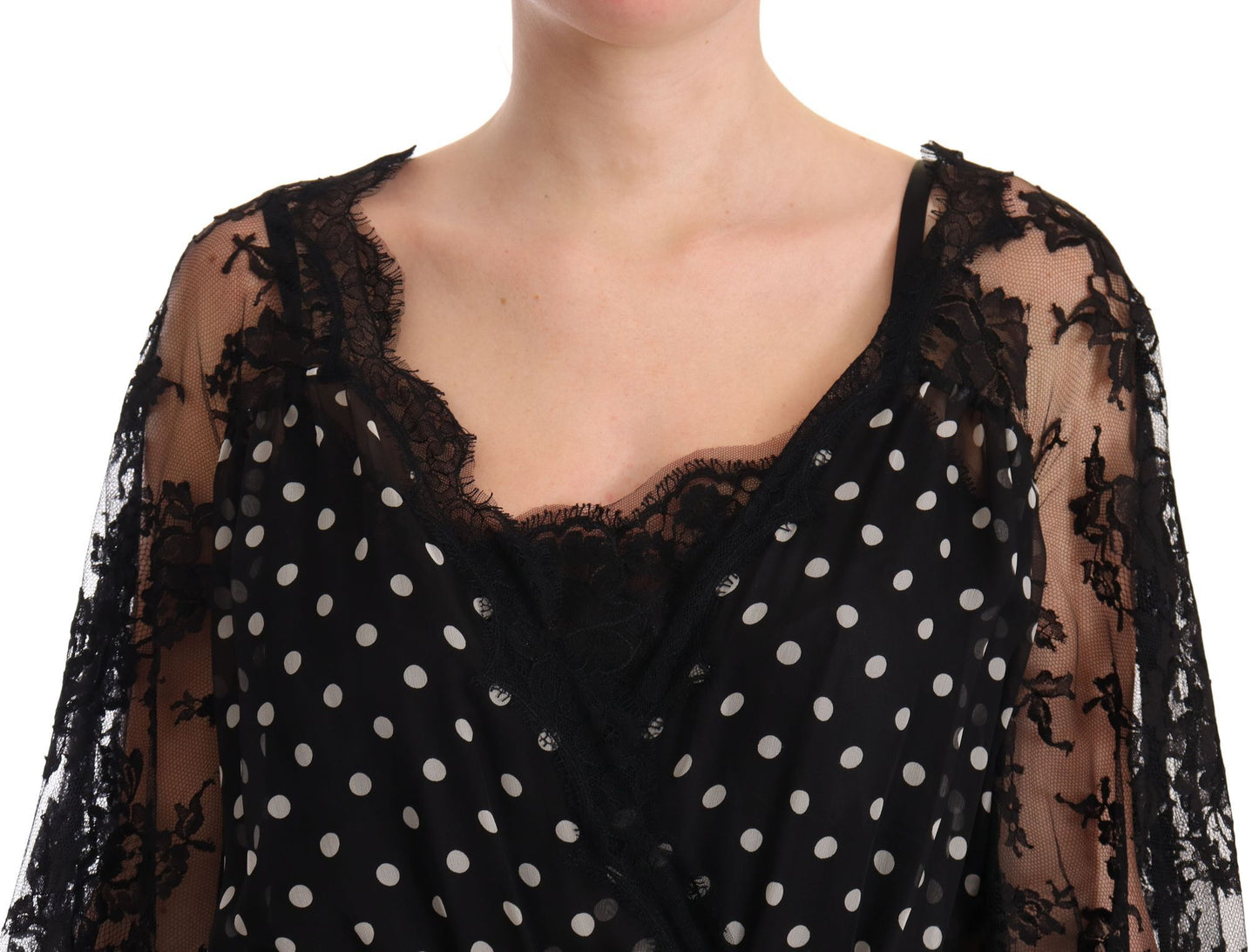 - Elegant Lace Floral Maxi Dress with Polka Dots