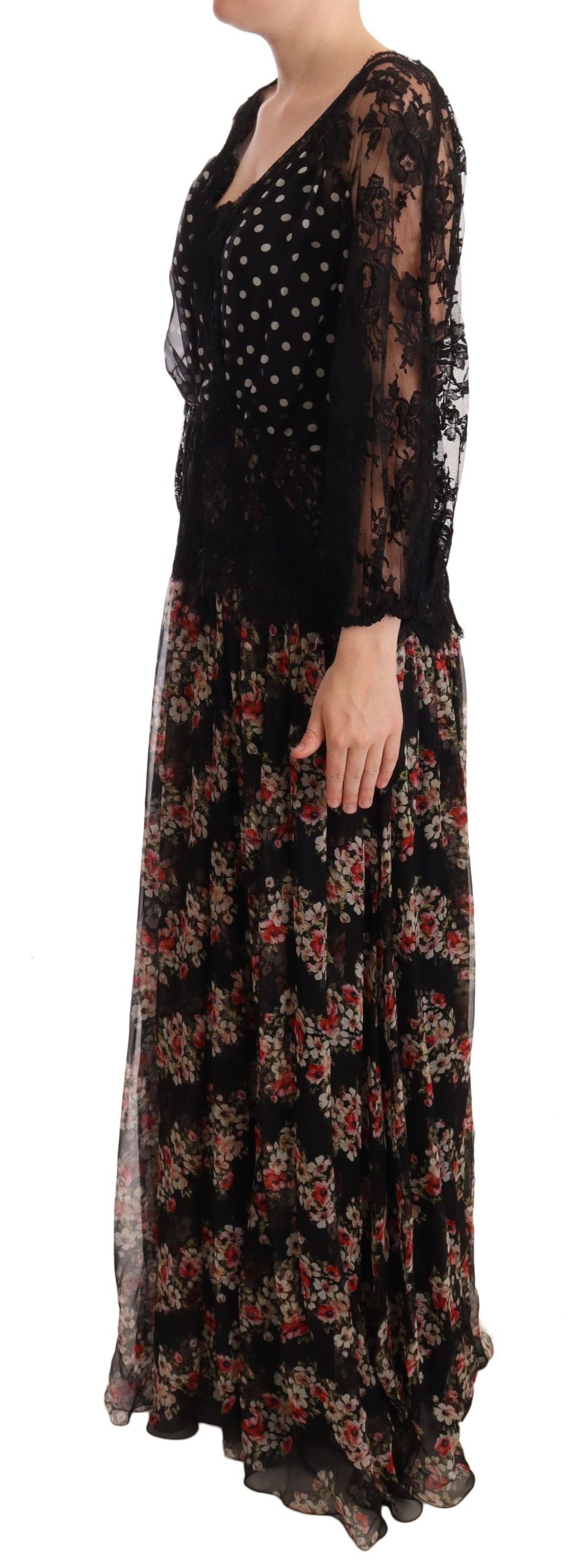 - Elegant Lace Floral Maxi Dress with Polka Dots