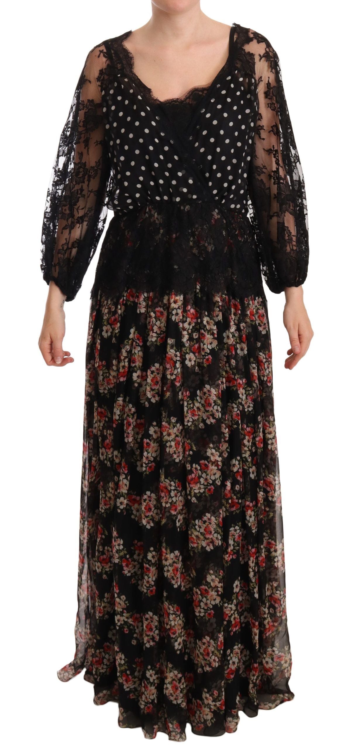 - Elegant Lace Floral Maxi Dress with Polka Dots