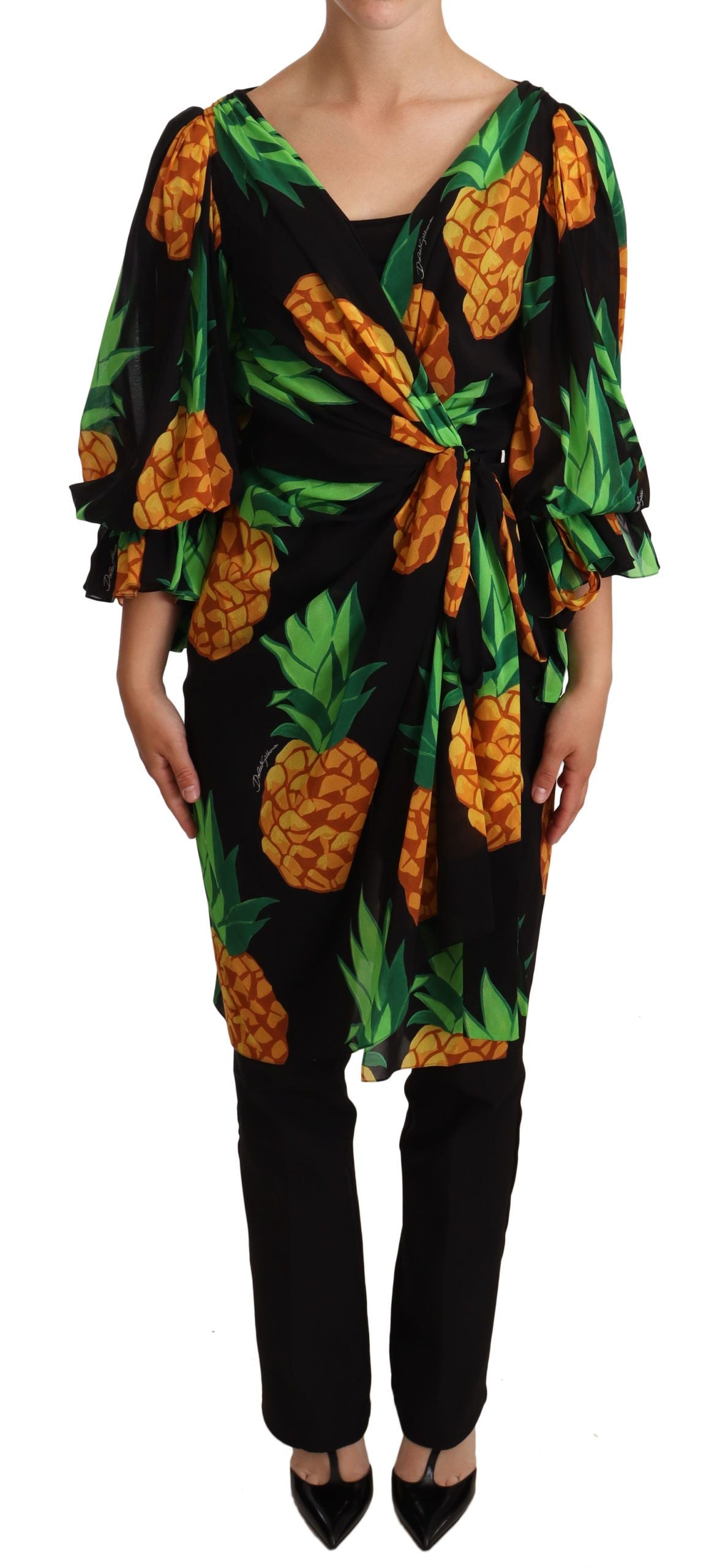 - Vibrant Pineapple Draped Wrap Dress