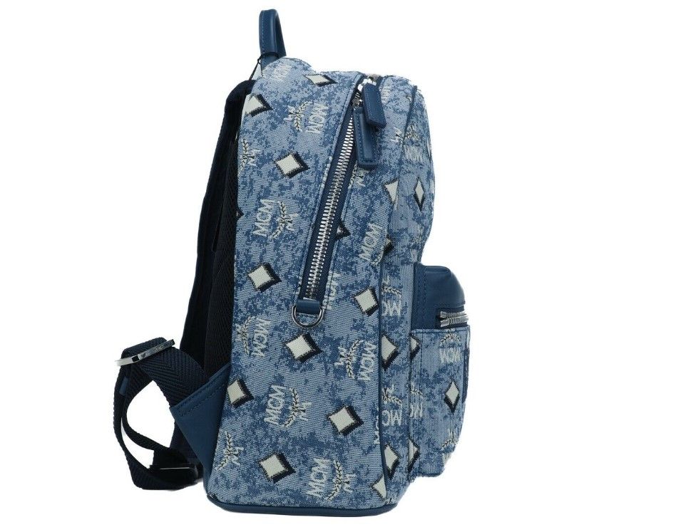MCM Small Blue Vintage Jacquard Monogram Logo Fabric Backpack