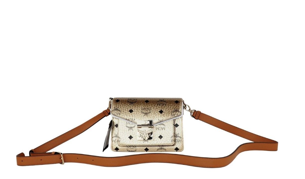- Signature Berlin Gold Diamond Logo Leather Mini Flap Lock Crossbody Handbag