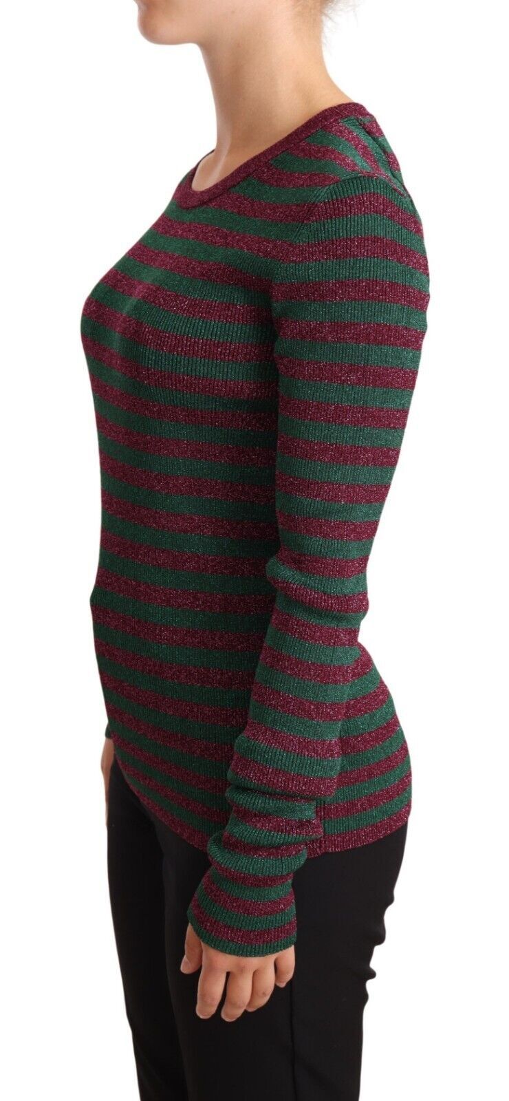- Elegant Maroon and Green Striped Crewneck Sweater