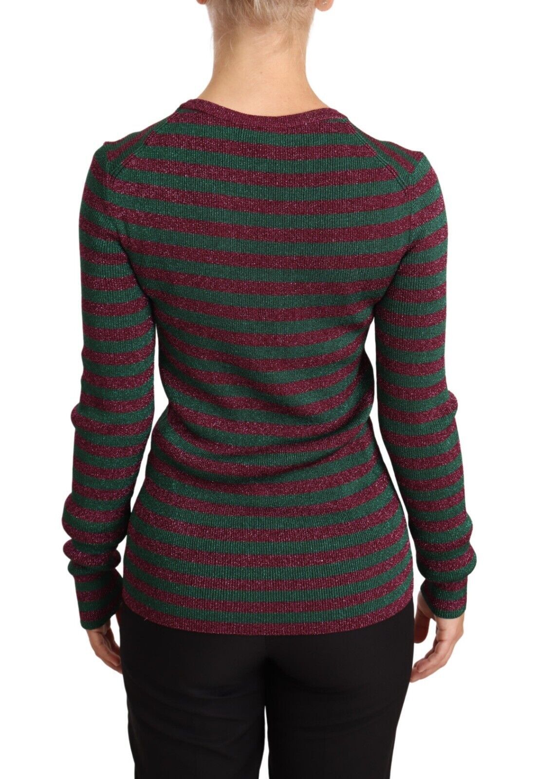 - Elegant Maroon and Green Striped Crewneck Sweater