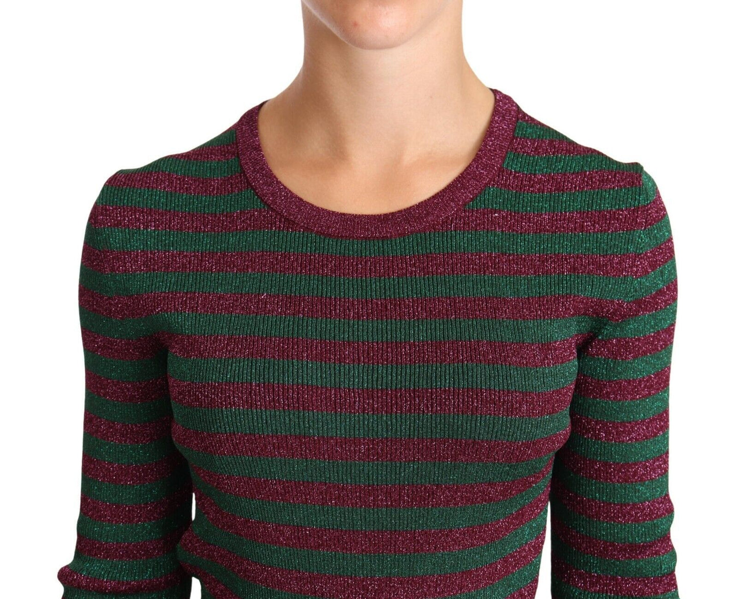 - Elegant Maroon and Green Striped Crewneck Sweater