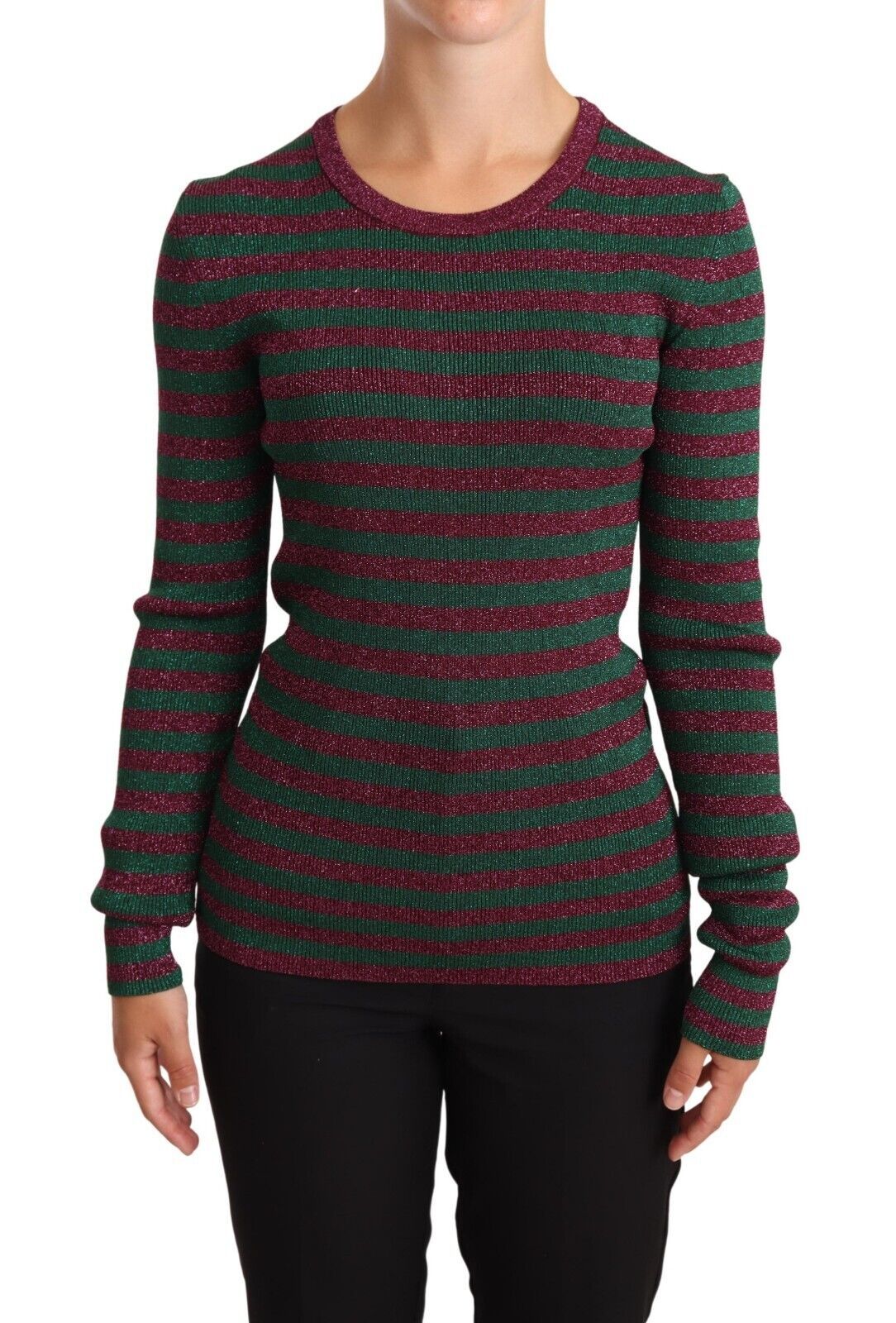 - Elegant Maroon and Green Striped Crewneck Sweater