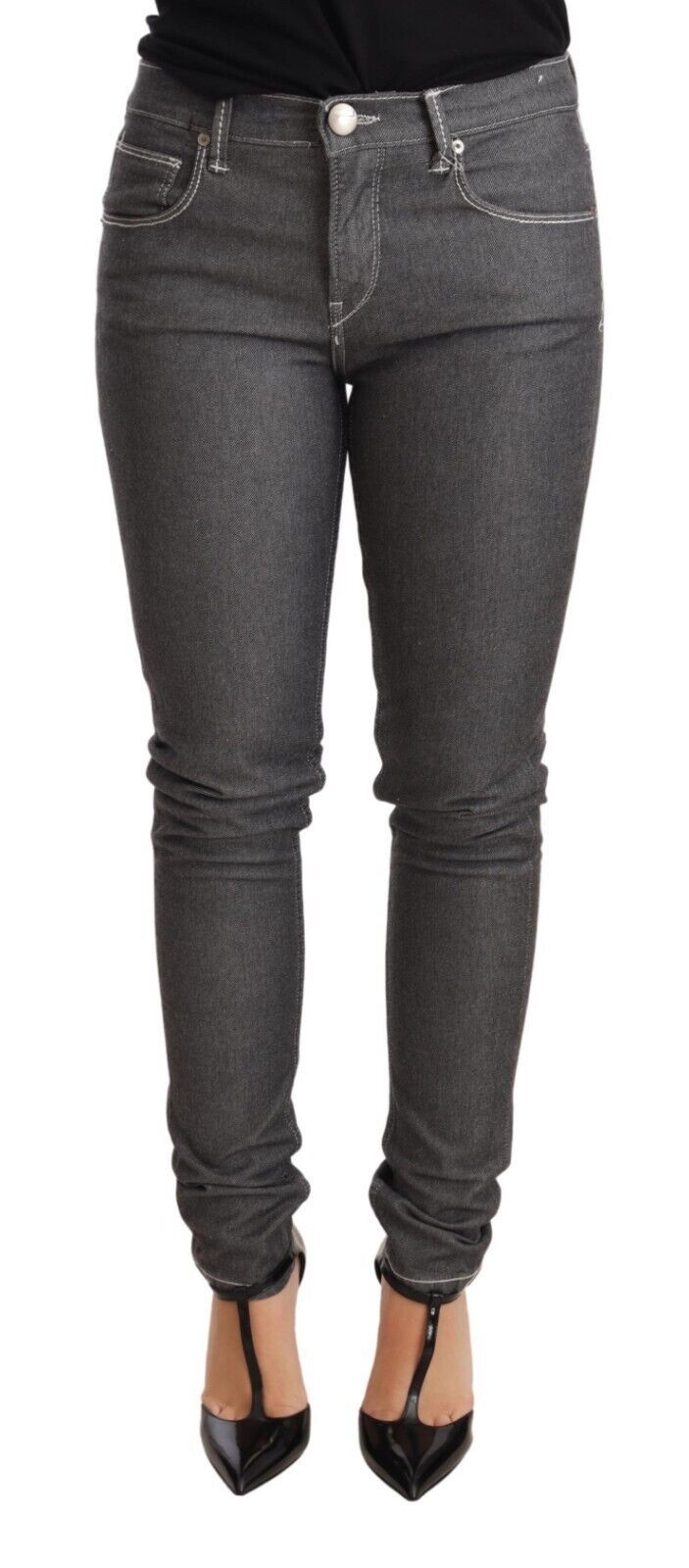 - Elegant Gray Mid Waist Skinny Jeans
