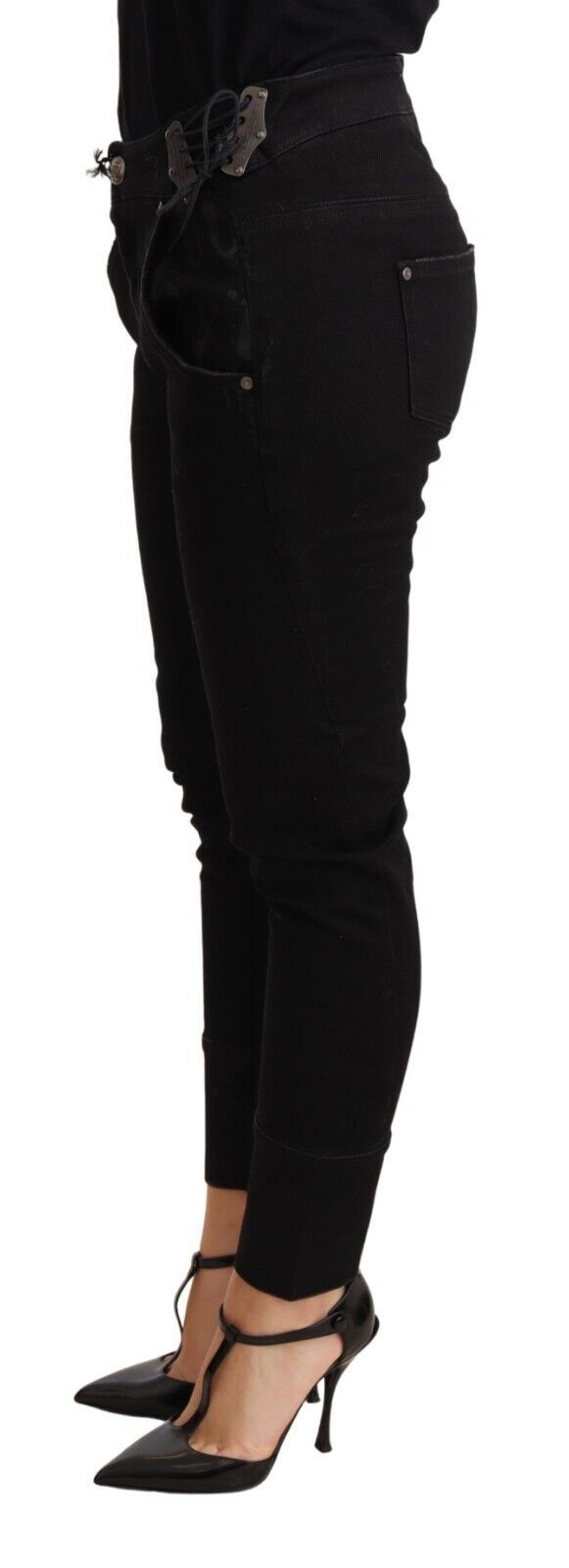 - Chic Low Waist Skinny Black Cotton Trousers