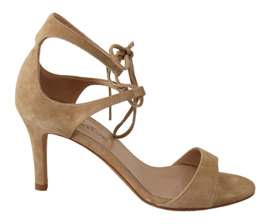 - Elegant Beige Suede Ankle Strap Heels