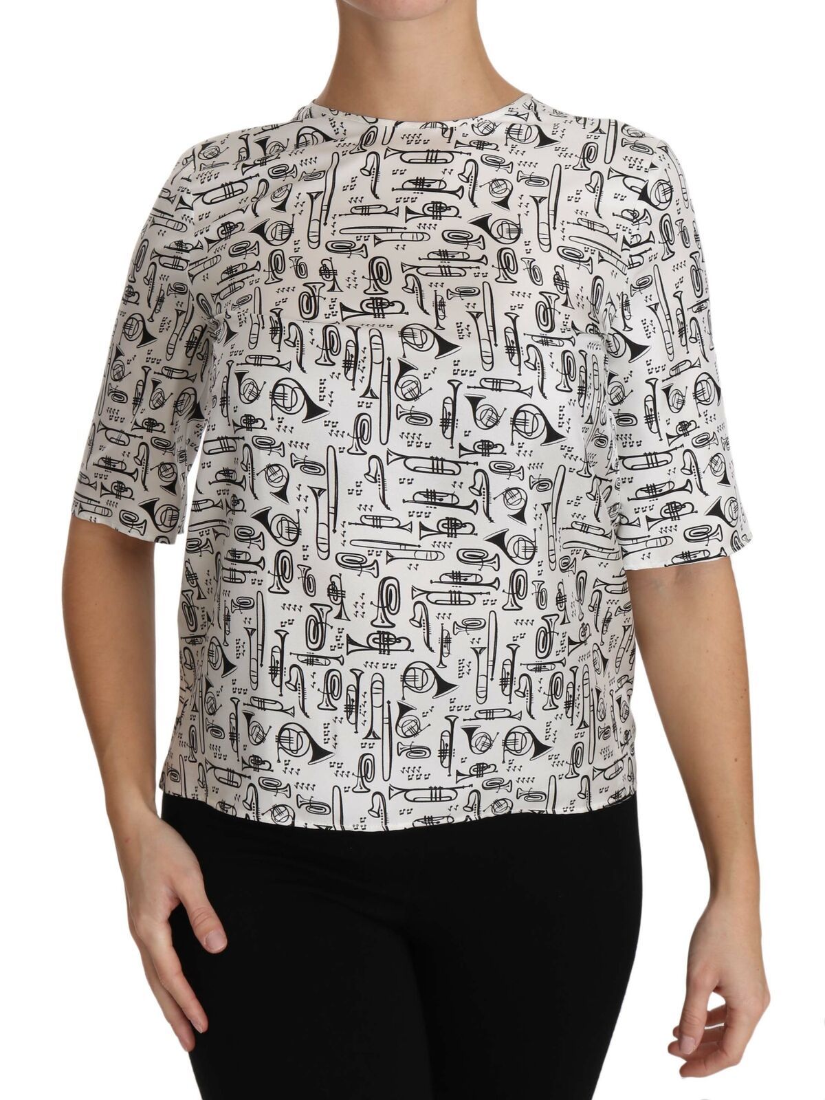 - Elegant Trumpet Print Silk Blouse Top
