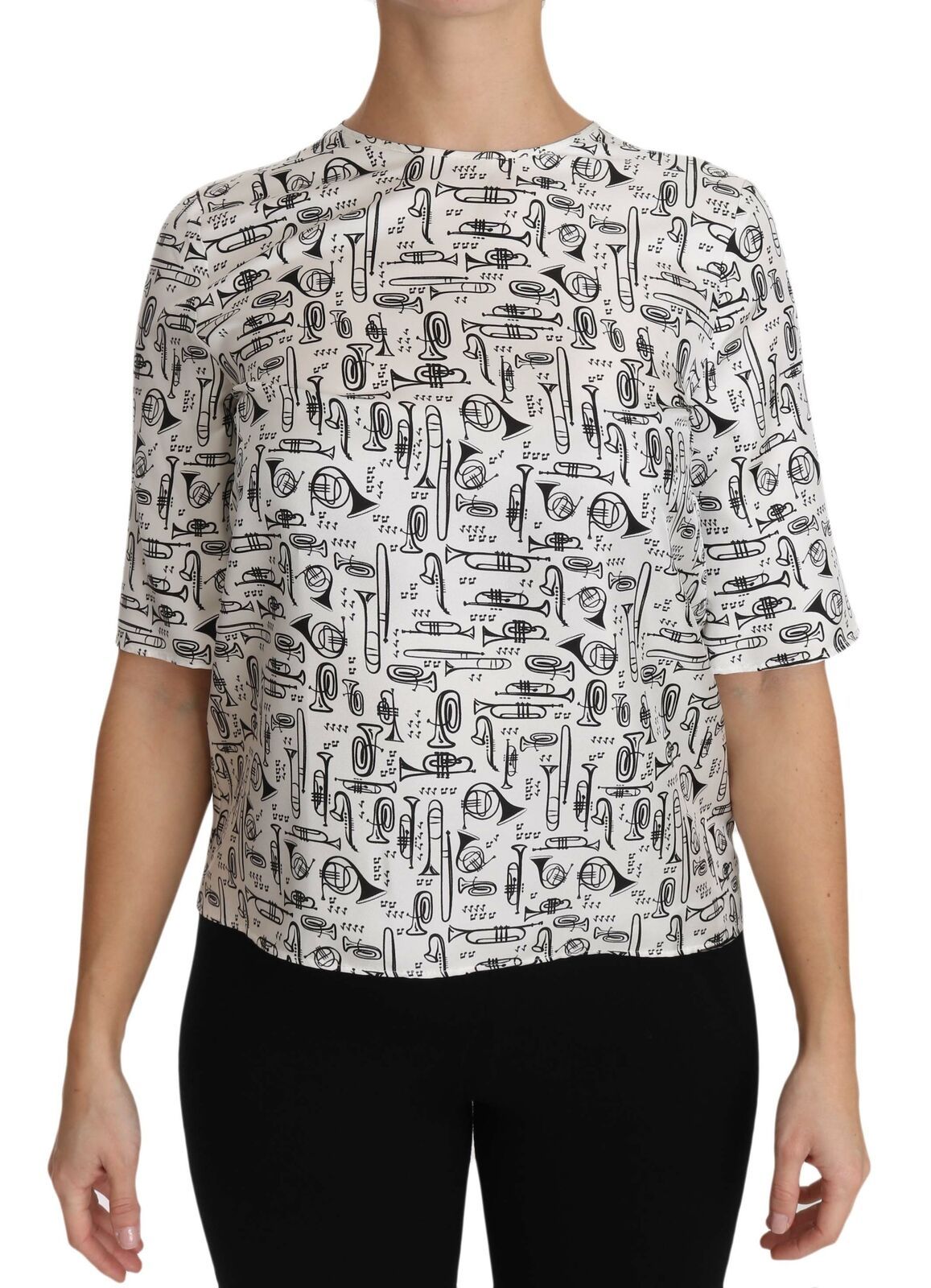 - Elegant Trumpet Print Silk Blouse Top