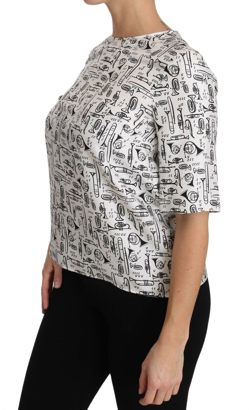 - Elegant Trumpet Print Silk Blouse Top