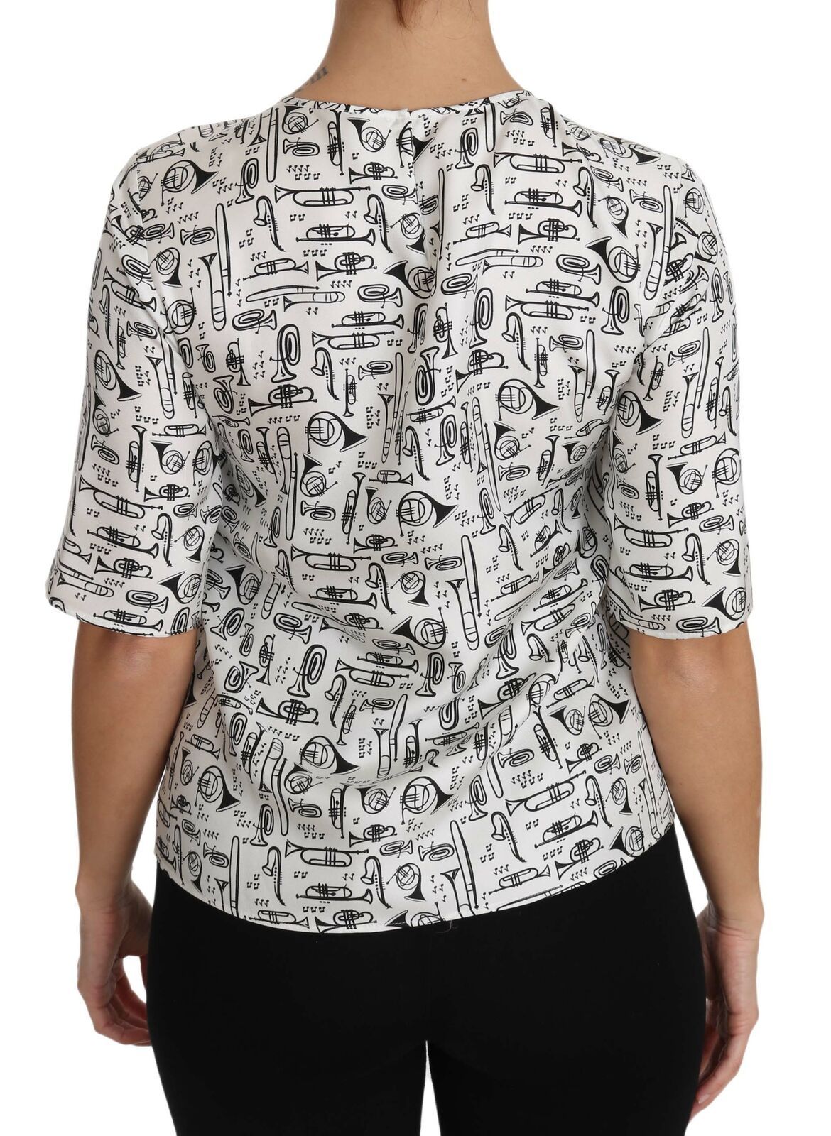 - Elegant Trumpet Print Silk Blouse Top