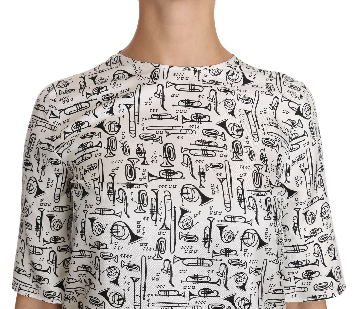 - Elegant Trumpet Print Silk Blouse Top