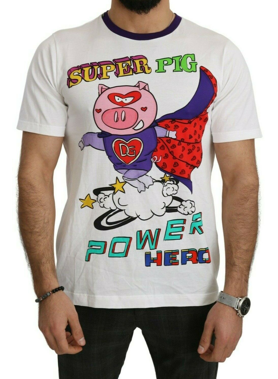 - Chic White Cotton Pig Motif Tee