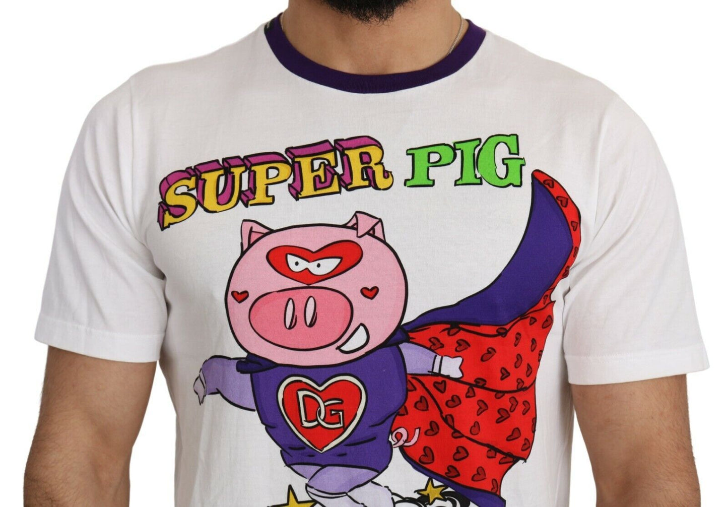 - Chic White Cotton Pig Motif Tee