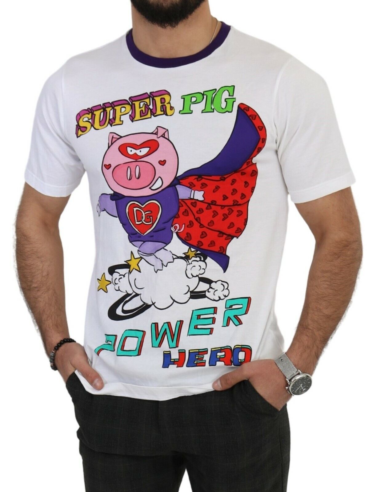 - Chic White Cotton Pig Motif Tee