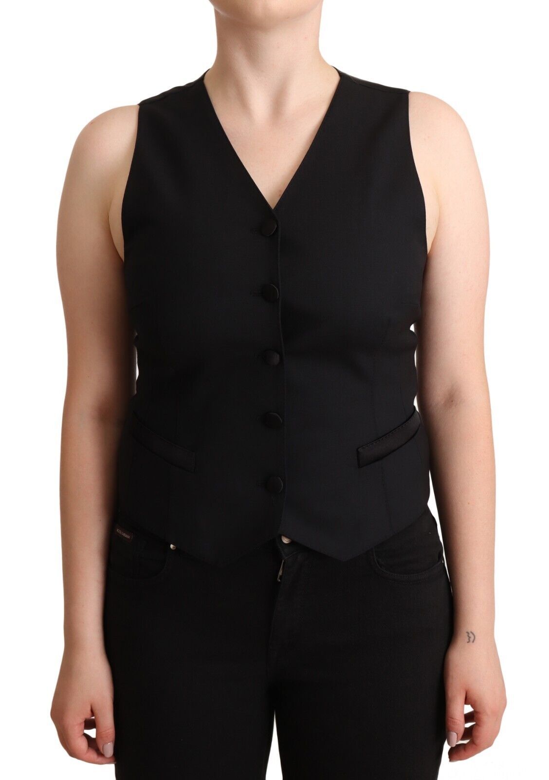 - Elegant Black Vest Top with Button Detail